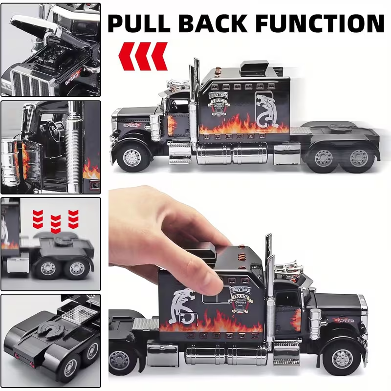 Diecast Black Semi Truck Cab 1/24 Sounds & Lights Pull Back NIB