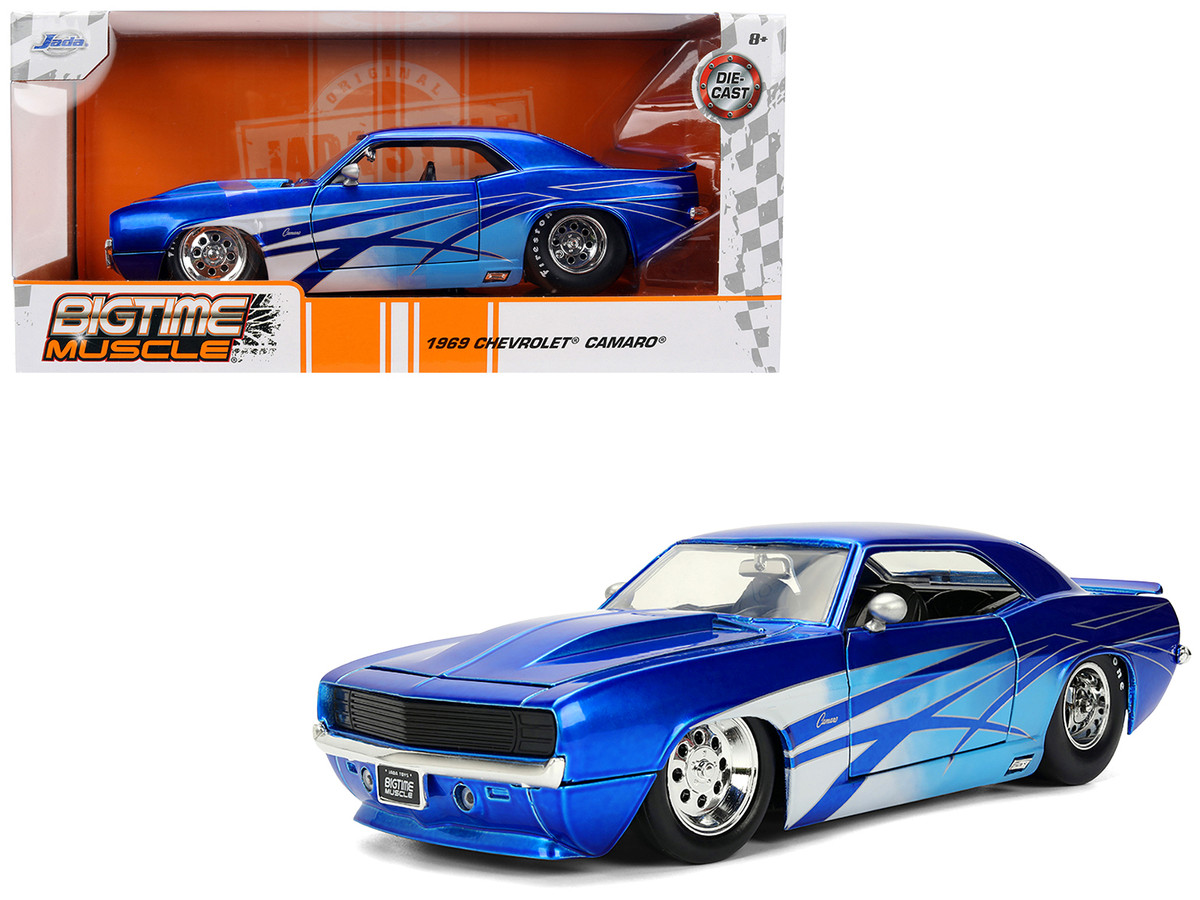 Brand new 1/24 scale diecast car model of 1969 Chevrolet Camaro Candy Blue with Graphics