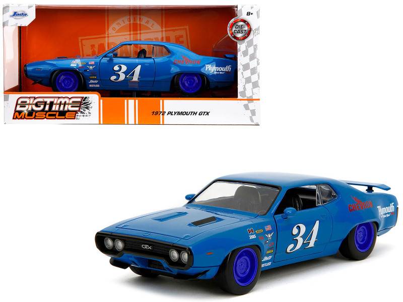 Brand new 1/24 scale diecast car model of 1972 Plymouth GTX #34 Blue with Graphics