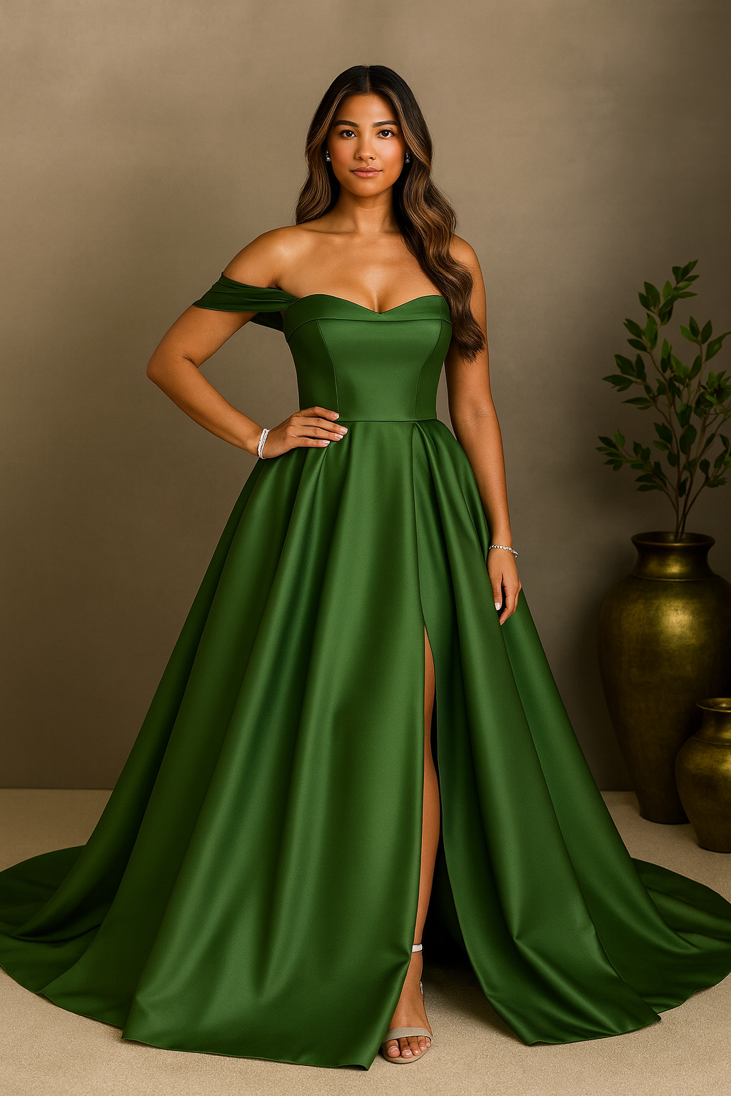 Elegant Off-Shoulder Green Evening Gown