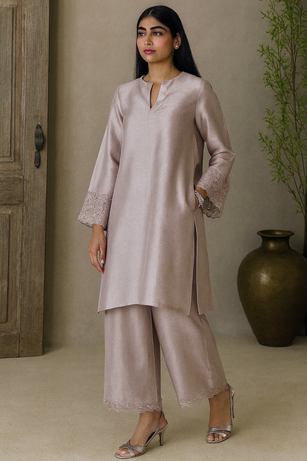 Taupe Satin Two-Piece Suit