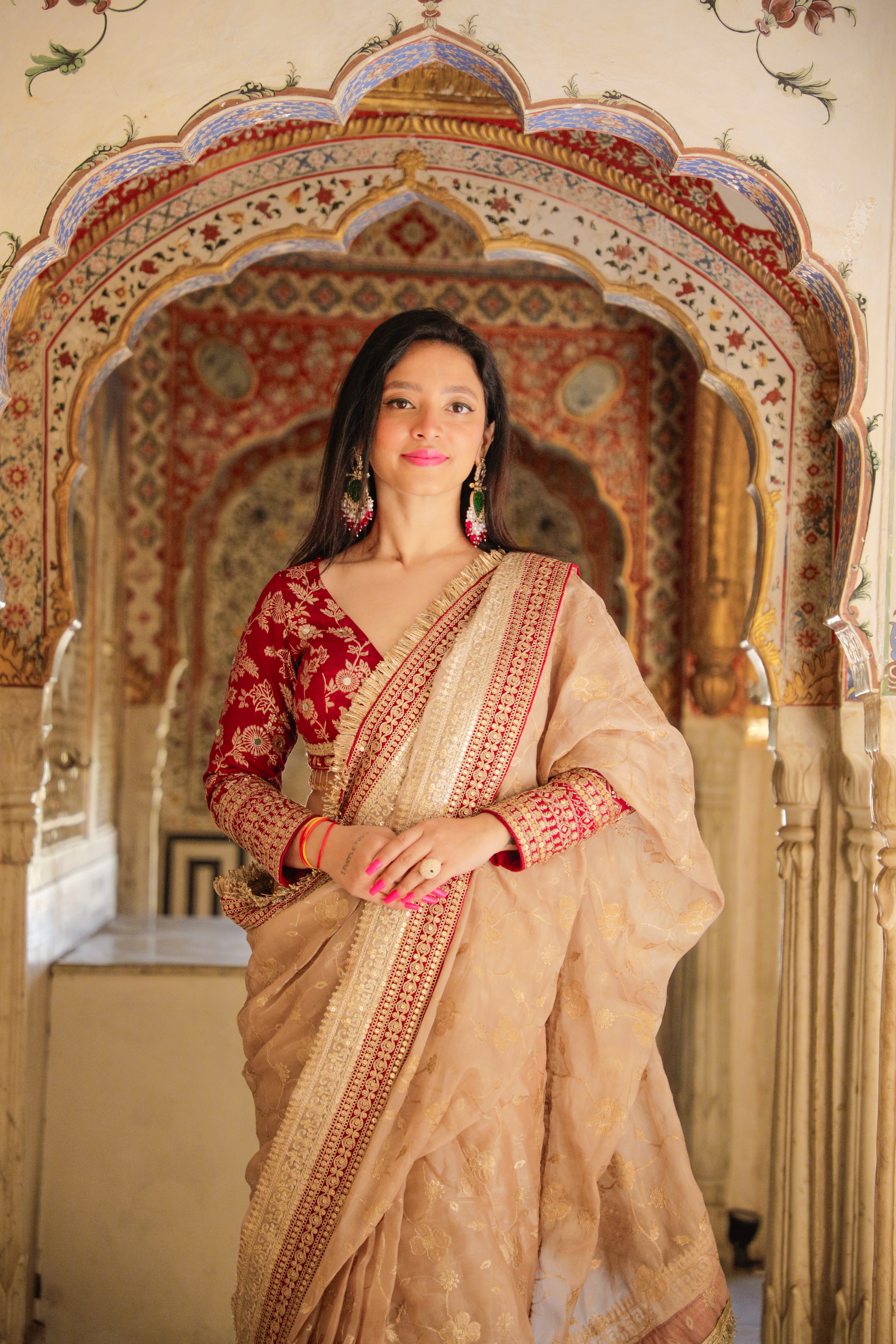 Traditional Beige Saree with Designer Blouse
