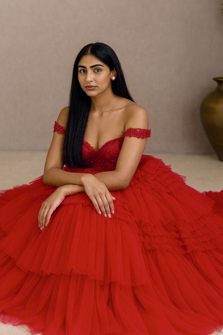 Red Off-Shoulder Ruffled Gown