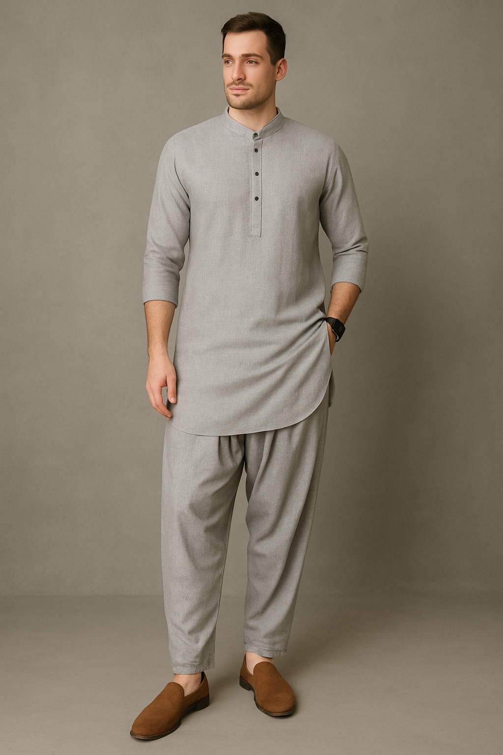 Men's Light Grey Kurta Set