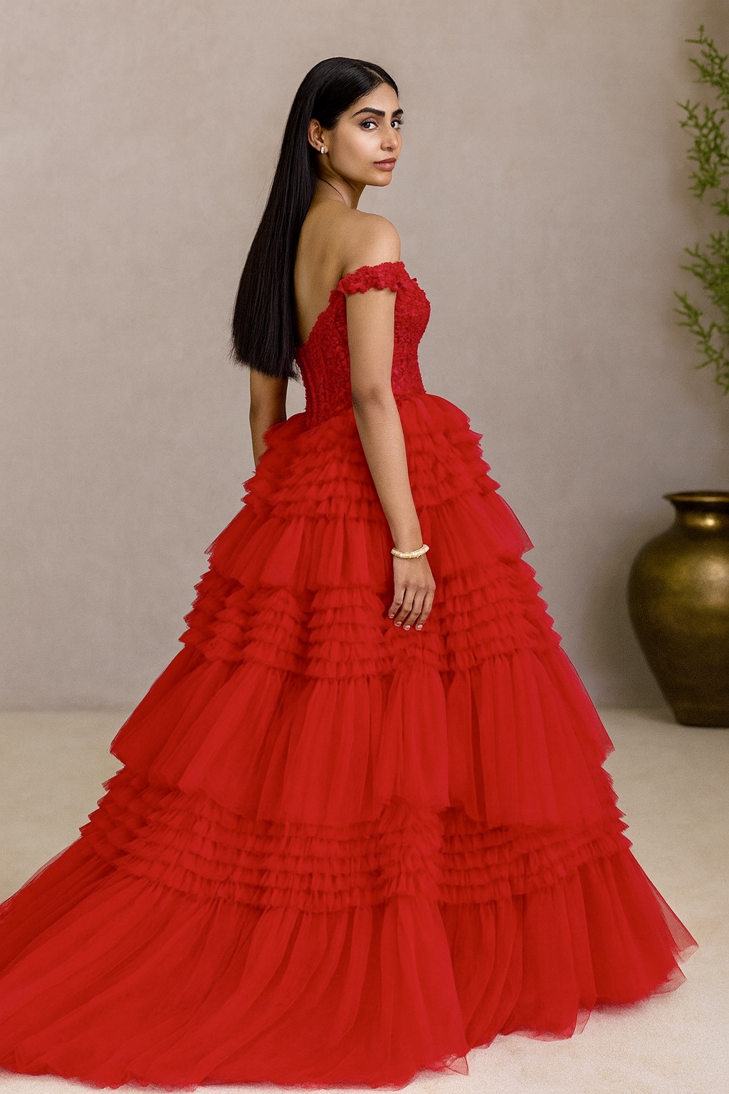 Red Off-Shoulder Ruffled Gown