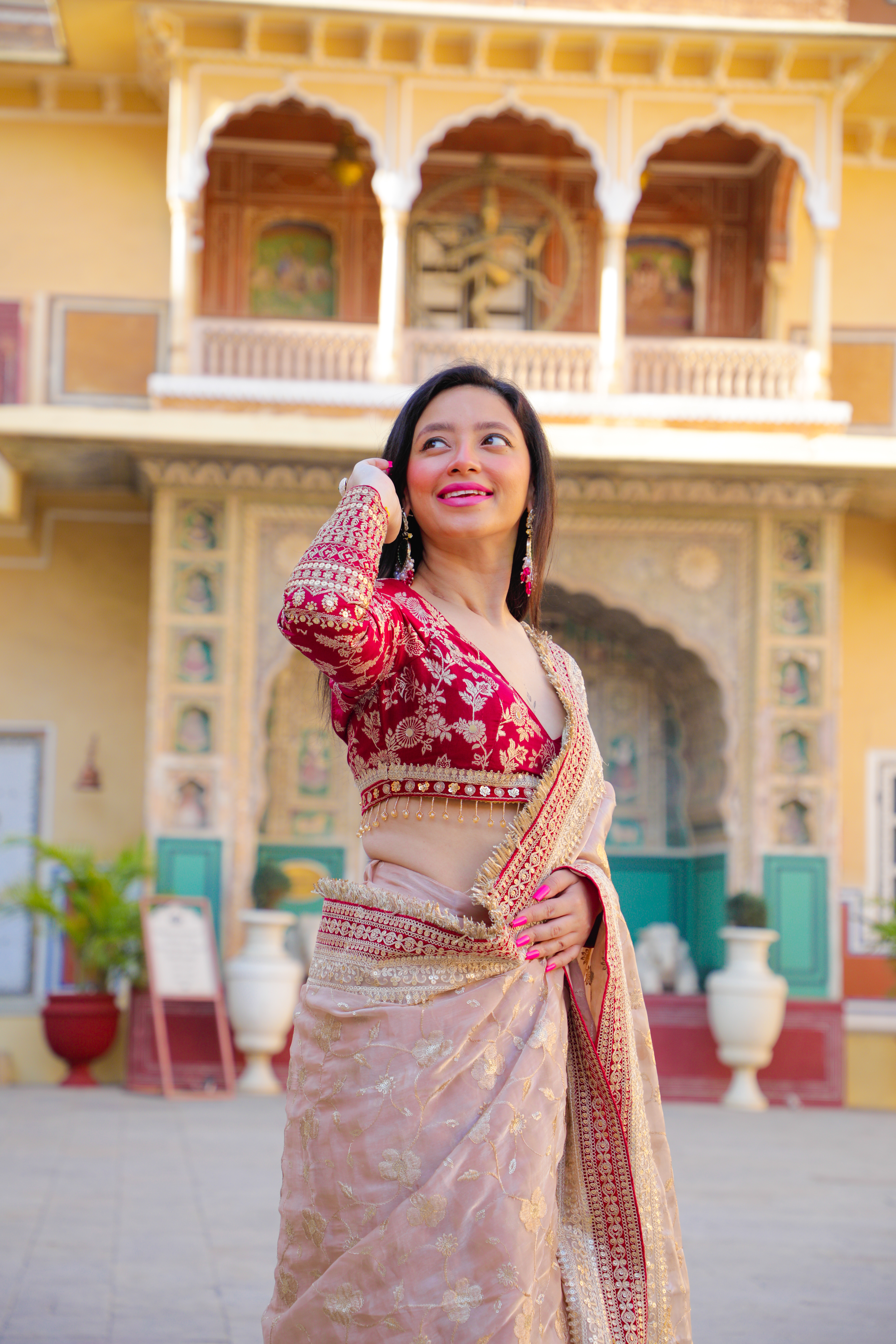 Traditional Beige Saree with Designer Blouse