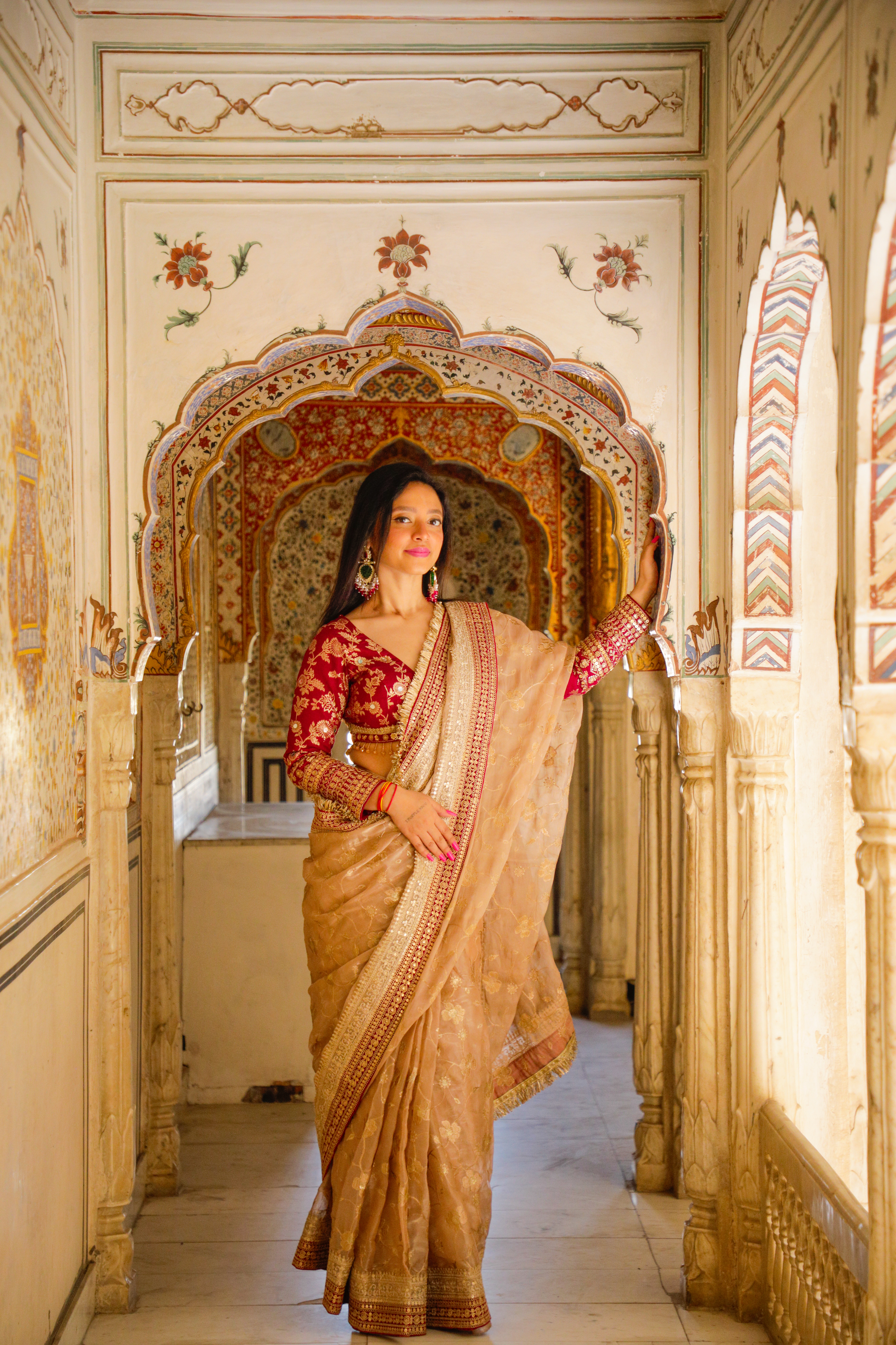 Traditional Beige Saree with Designer Blouse