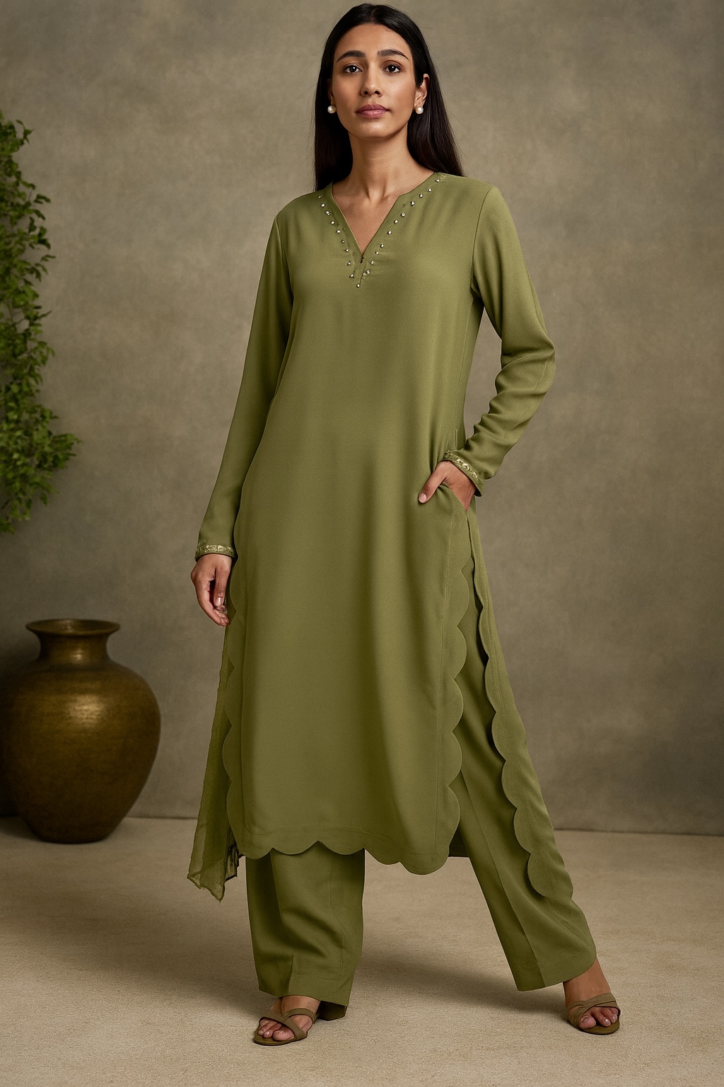 Olive Green Scallop-Edge Kurta Set