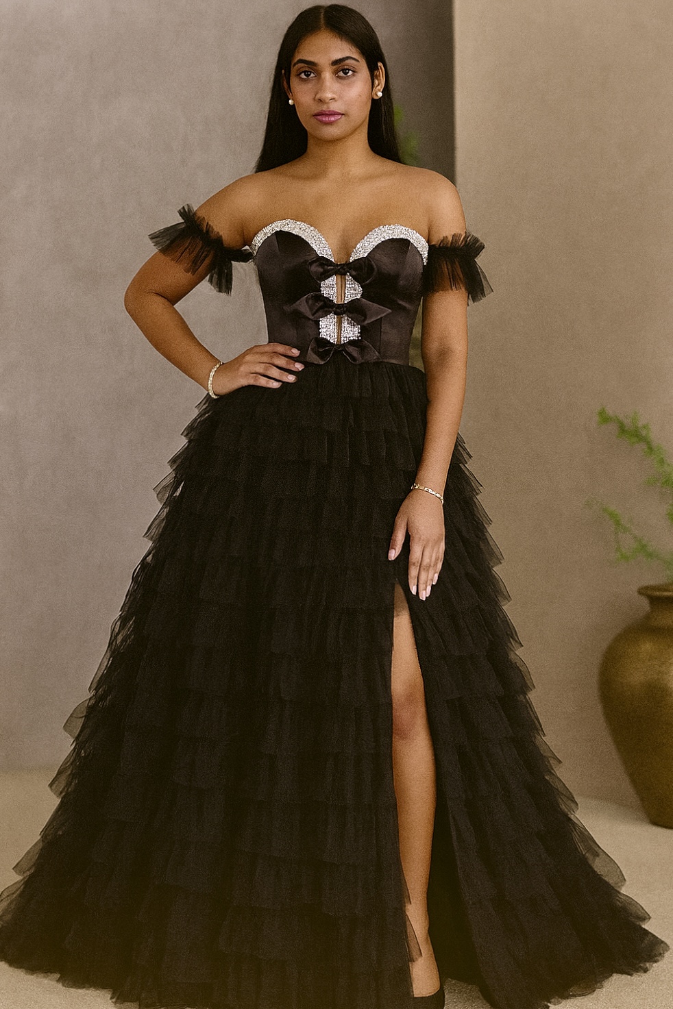 Elegant Black Ruffle Evening Gown