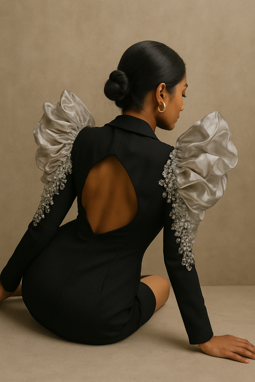 Elegant Black Blazer Dress with Silver Statement Shoulders