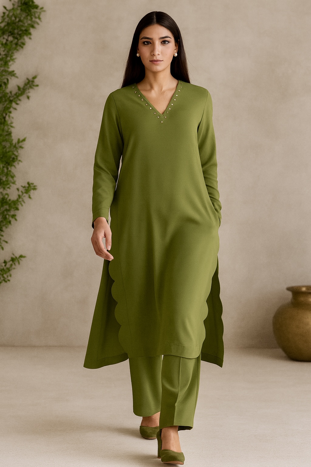 Olive Green Scallop-Edge Kurta Set