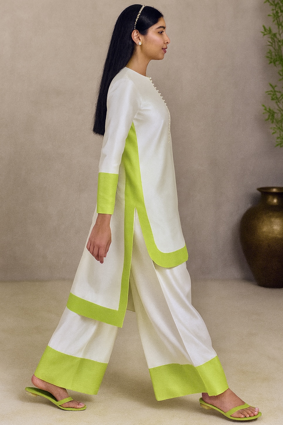 Elegant White and Lime Green Kurta Set