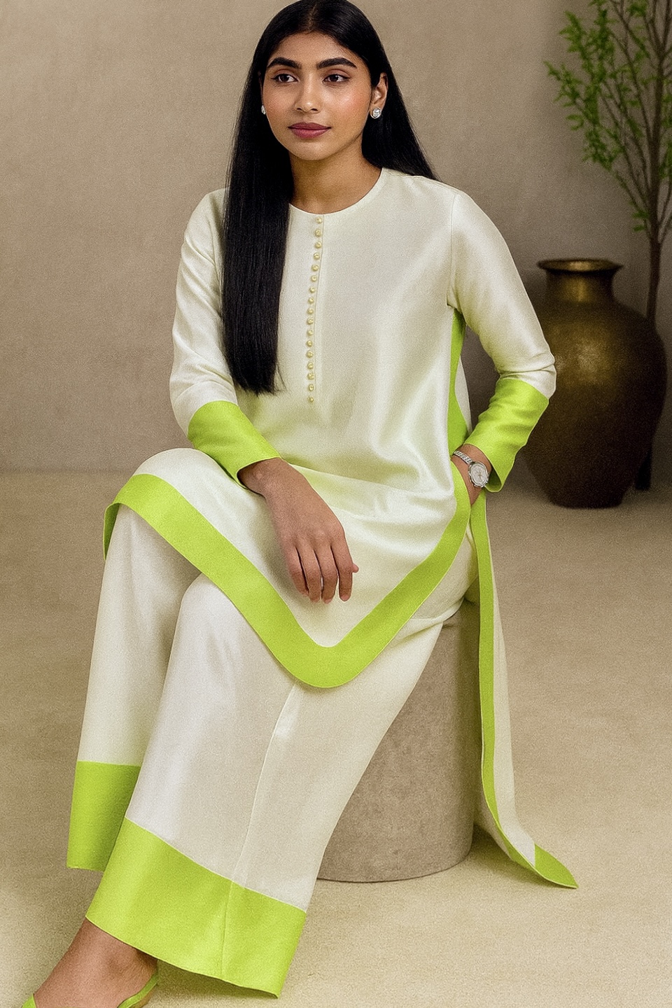 Elegant White and Lime Green Kurta Set