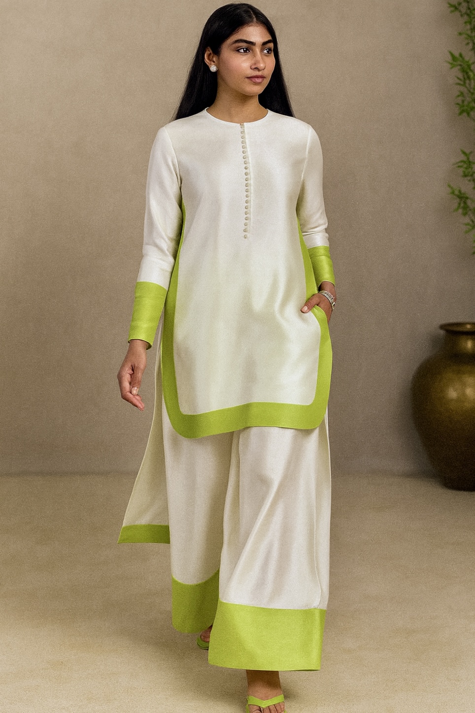 Elegant White and Lime Green Kurta Set