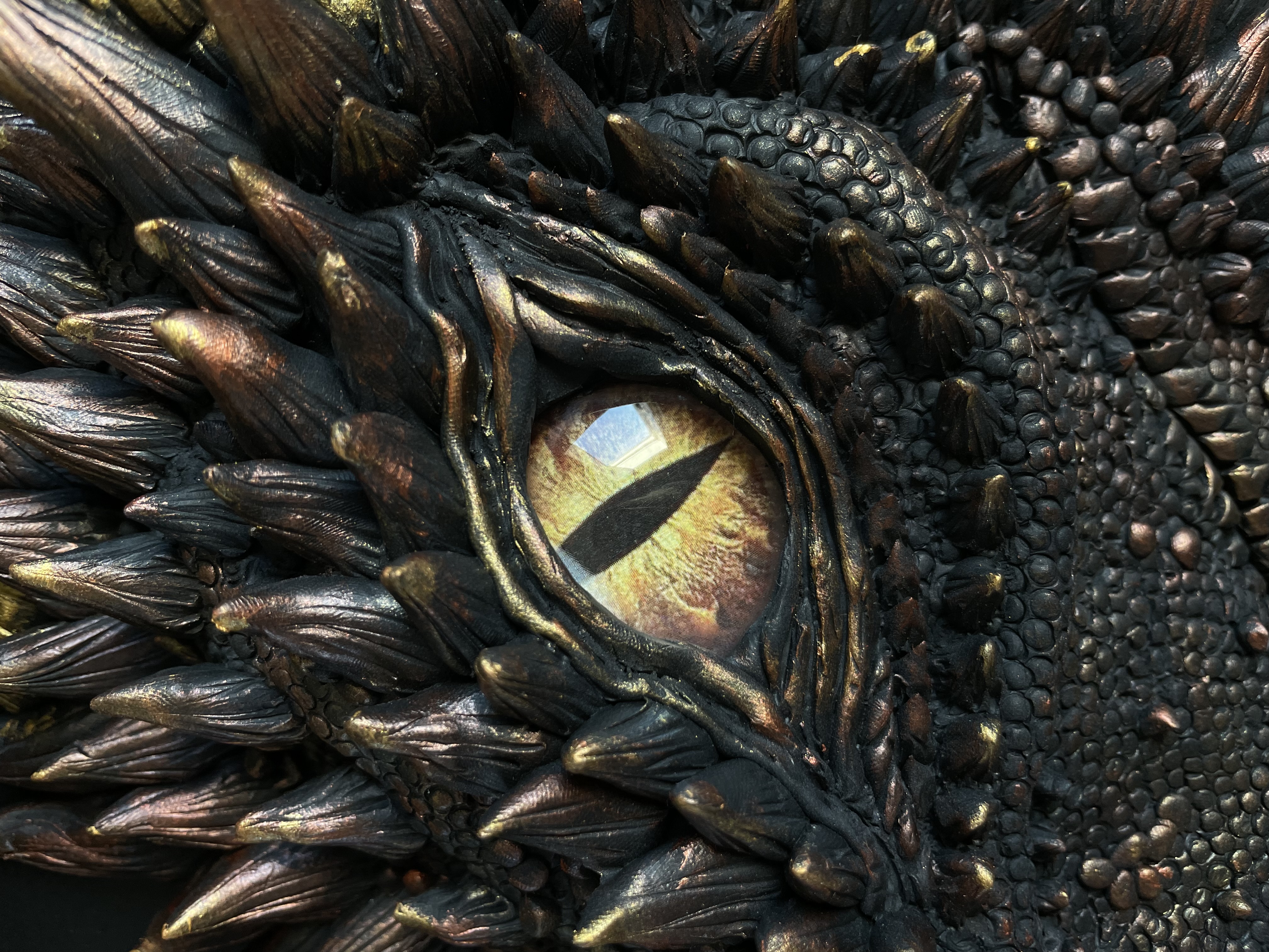 Dragon head wall art - realistic hand-sculpted 3D dragon eye art piece