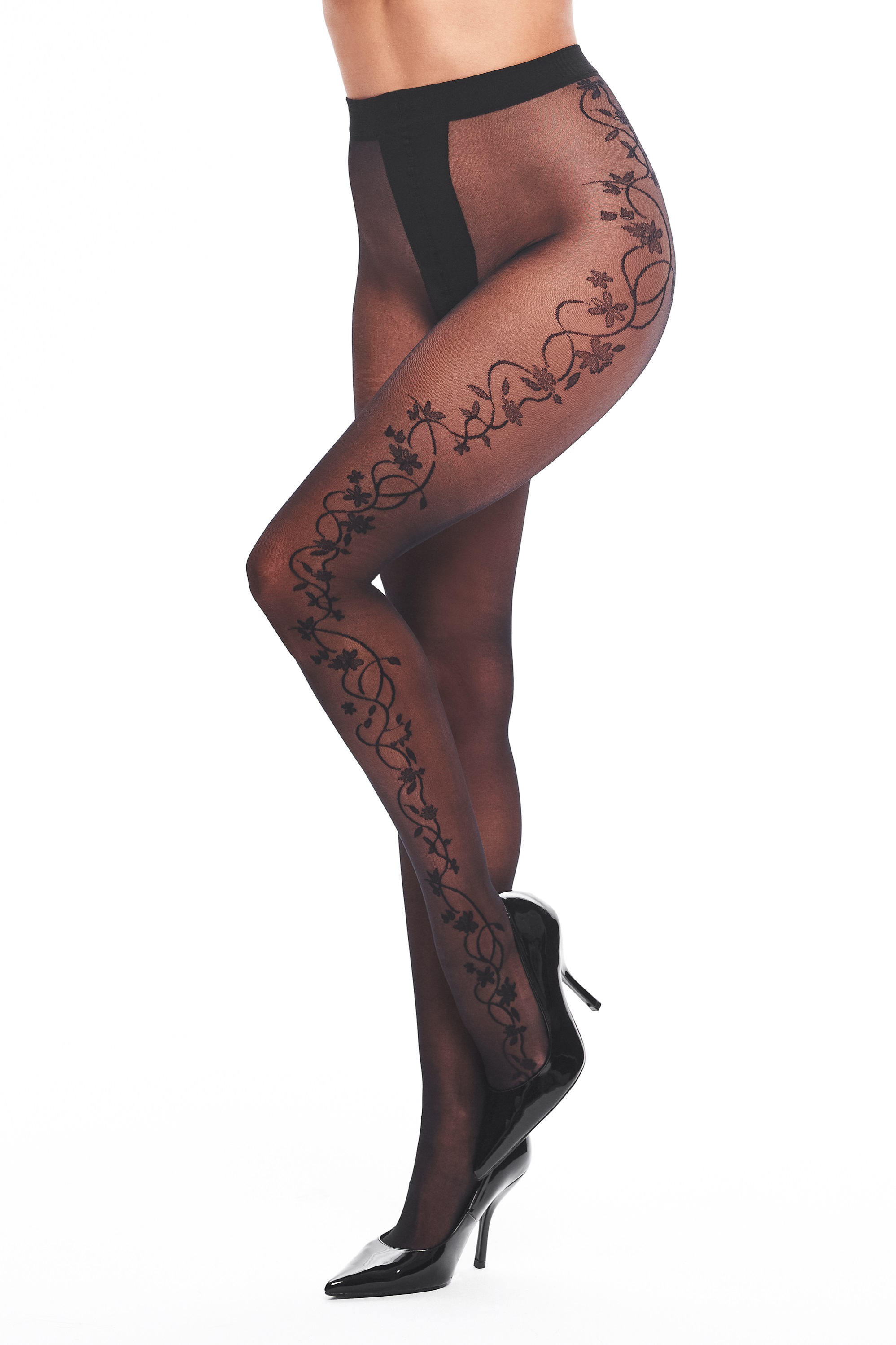 T007 Black 20 Den Tights with Floral Embroidery – Chic & Feminine 