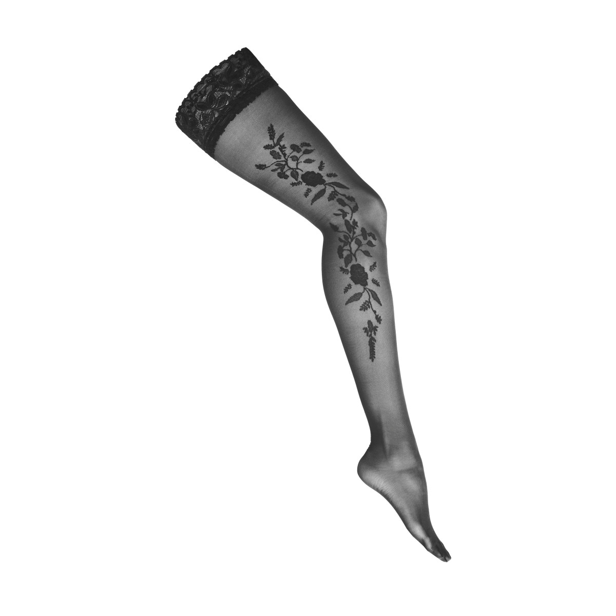 H024 Hold Ups – Seductive All-Over floral pattern in black