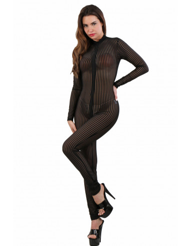 Opaque striped tulle catsuit with triple zip
