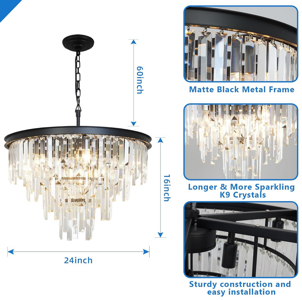 24'' Modern Crystal Chandelier, Black Round Ceiling Light with Clear Prisms, Luxury Flush Mount Lighting Fixture for Dining Room Bedroom Foyer 