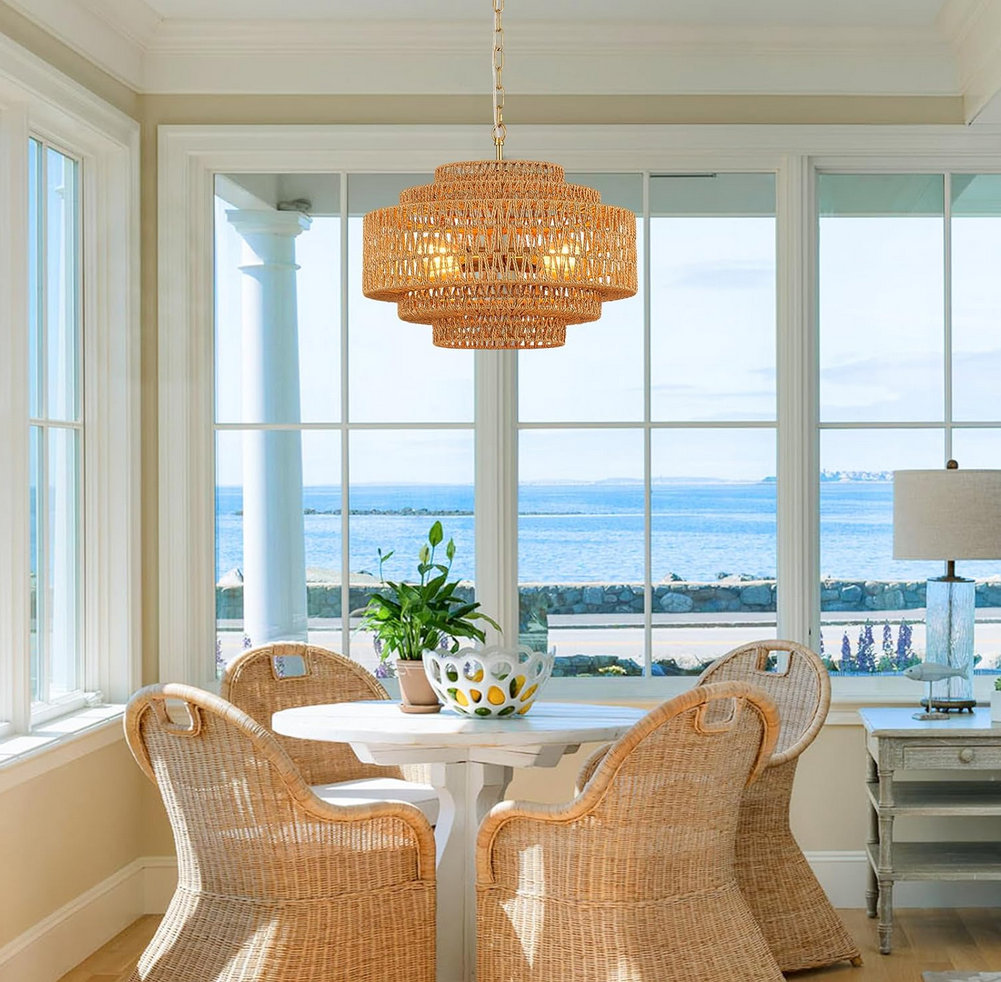  Boho Chandelier 20in 4-Light Gold Hand-Woven, Rattan, Coastal, Vintage, Bamboo, Wicker, Light Fixtures, Chandeliers, Dining Room, Kitchen Island Visit the Tunkayli Store