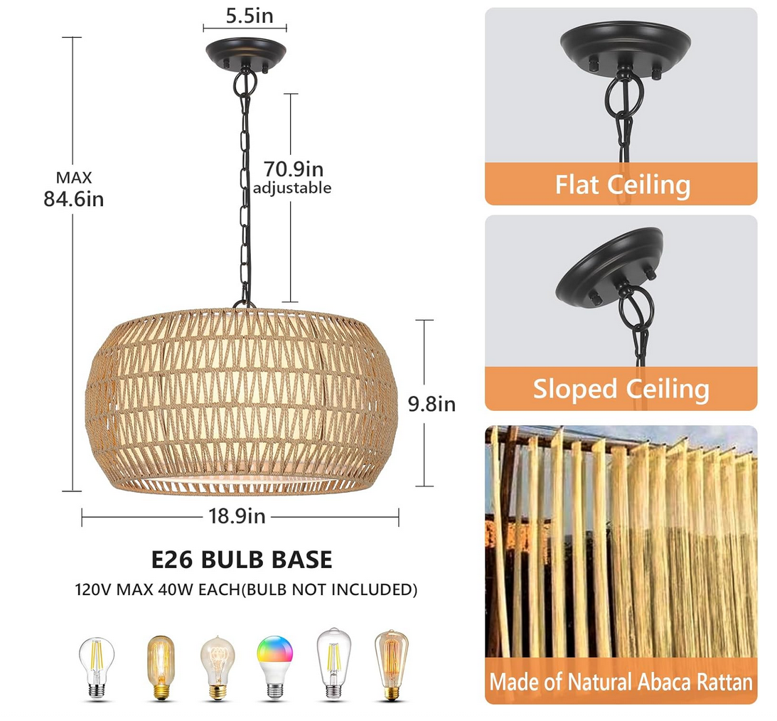 Rattan Farmhouse Chandelier Light Fixtures, 5-Lights Boho Large Pendant Light,Hand Woven Chandeliers for Dining Room with Fabric Shade,Rustic Chandeliers Hanging Light Fixtures for Kitchen Island 