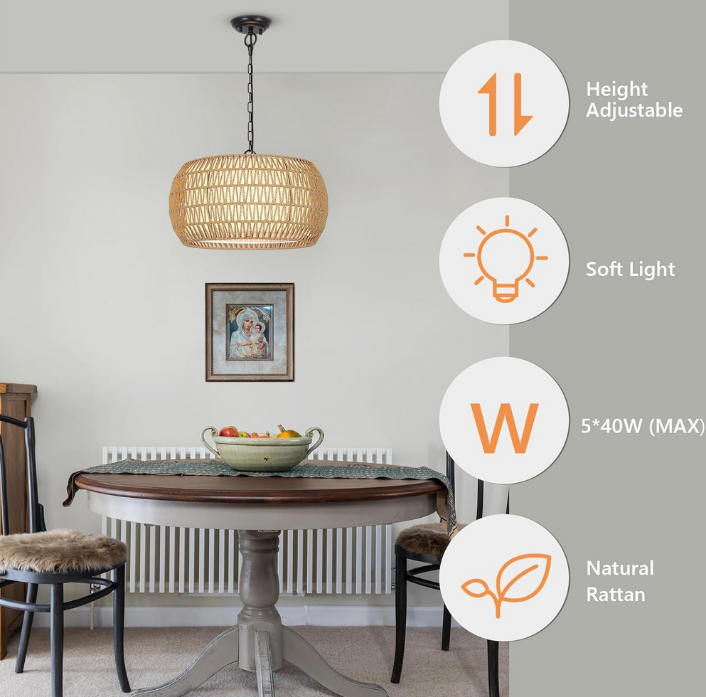 Rattan Farmhouse Chandelier Light Fixtures, 5-Lights Boho Large Pendant Light,Hand Woven Chandeliers for Dining Room with Fabric Shade,Rustic Chandeliers Hanging Light Fixtures for Kitchen Island 