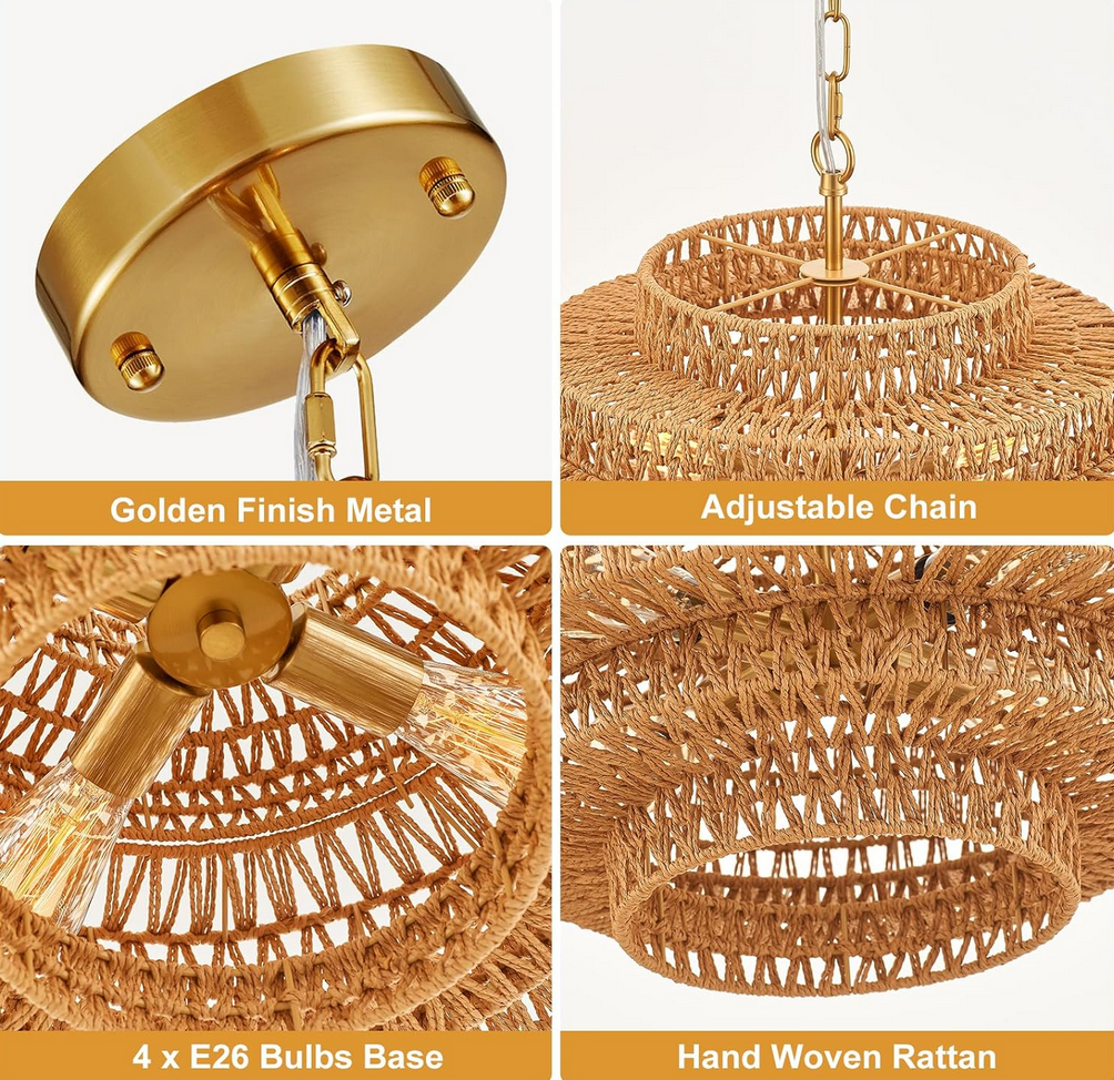  Boho Chandelier 20in 4-Light Gold Hand-Woven, Rattan, Coastal, Vintage, Bamboo, Wicker, Light Fixtures, Chandeliers, Dining Room, Kitchen Island Visit the Tunkayli Store