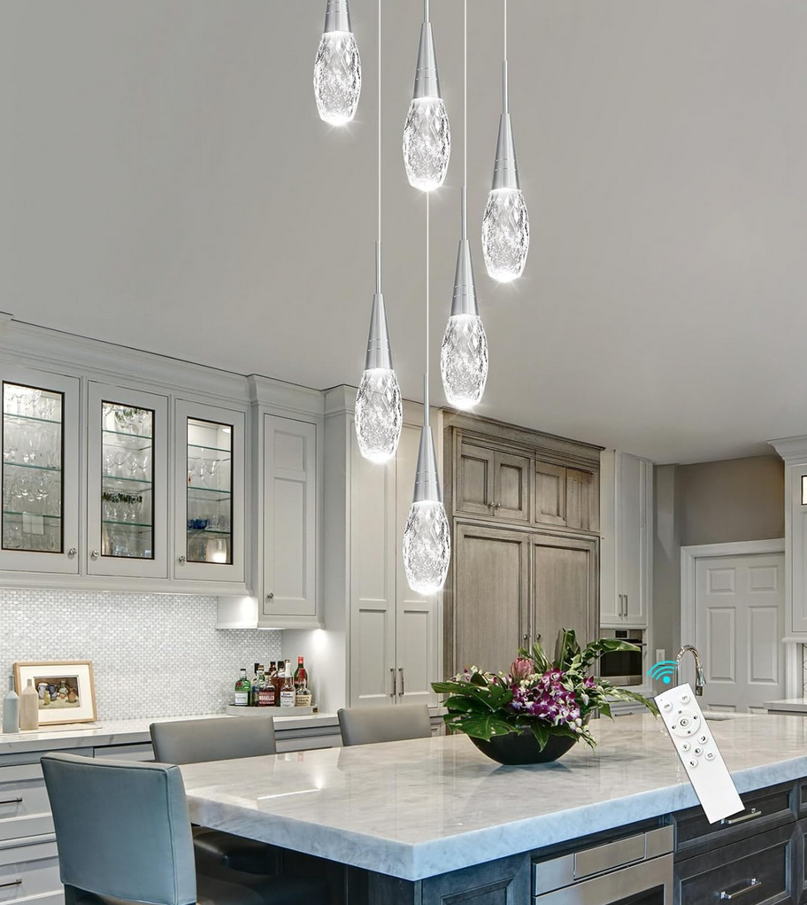 6-Lights Adjustable Pendant Lights for Kitchen Island LED Dimmable Light Fixture Modern Glam Crystal Hanging Lighting for Dining Room Bedroom Silver