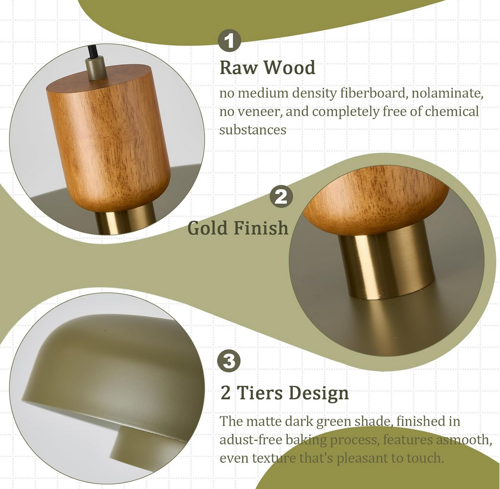  Mid Century Chandelier 19.68 inch Natural Wood Deep Green Shade Large Pendant Ceiling Lights 