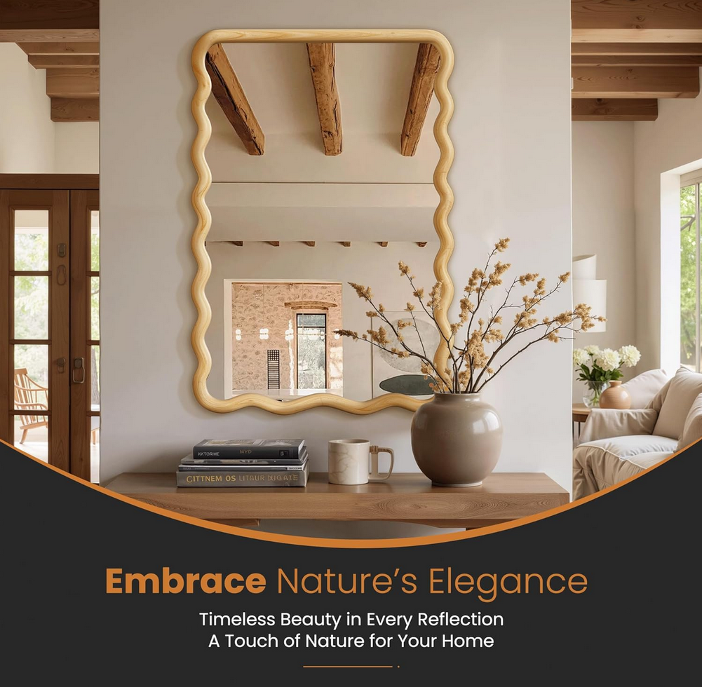Bathroom Mirror for Wall, 24"x36" Boho Wavy Wood Mirror Large Full Length Decorative Mirror with Tempered Glass, Natural Wooden Frame Vanity Mirror for Bedroom, Living Room, Entryway 