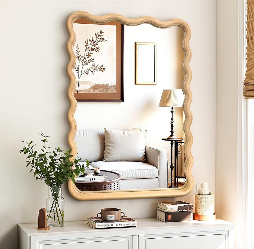 Bathroom Mirror for Wall, 24"x36" Boho Wavy Wood Mirror Large Full Length Decorative Mirror with Tempered Glass, Natural Wooden Frame Vanity Mirror for Bedroom, Living Room, Entryway 