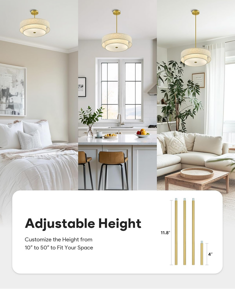 ONLUCE Modern Chandeliers, 18" Drum Chandeliers with 2-Layer Fabric Shade, 4-Light Pendant Light Fixture with E26 Bases, Light Fixture for Dining Room Bedroom Living Room, Linen Shade & Brass Finish 