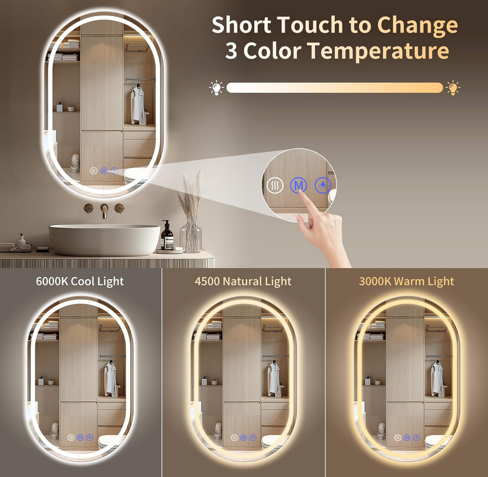  Oval LED Bathroom Mirror, 24"x 40" Frameless LED Mirror with Front Light and Backlit, Anti-Fog, Dimmable Modern Wall Mounted Lighted Mirror