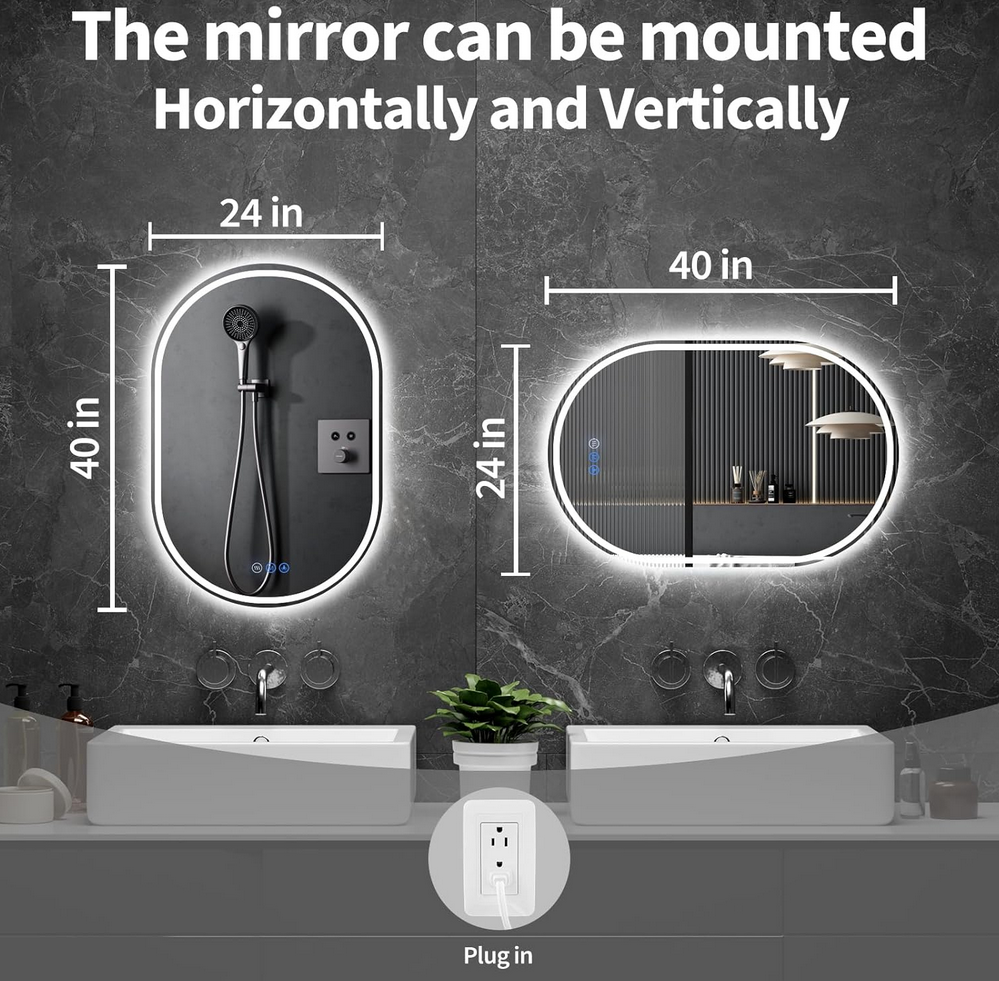  Oval LED Bathroom Mirror, 24"x 40" Frameless LED Mirror with Front Light and Backlit, Anti-Fog, Dimmable Modern Wall Mounted Lighted Mirror