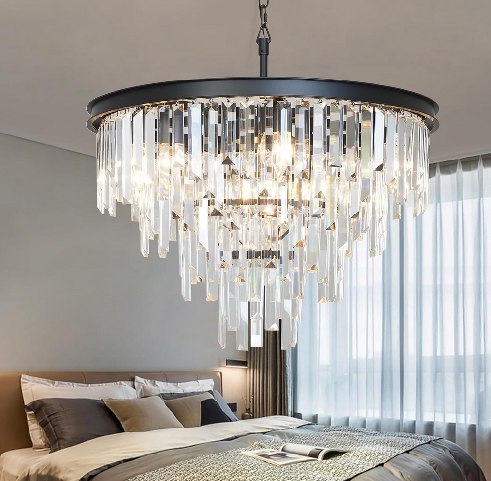 24'' Modern Crystal Chandelier, Black Round Ceiling Light with Clear Prisms, Luxury Flush Mount Lighting Fixture for Dining Room Bedroom Foyer