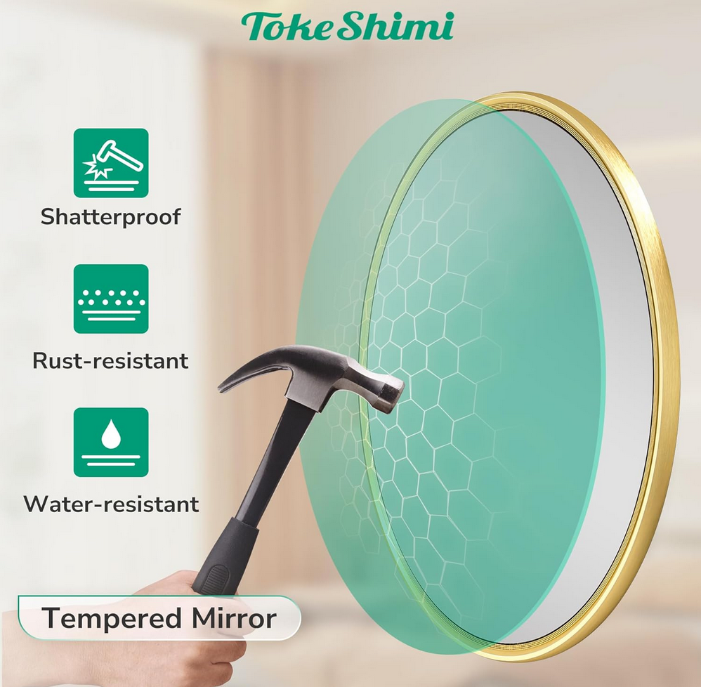 Round Framed Brushed Gold Mirror Bathroom Tempered, Shatterproof Mirror Circle 30x30 Farmhouse Aluminum Large Wall Mirrored for Vanity, Entryway, Bedroom, Restroom, Living Room 