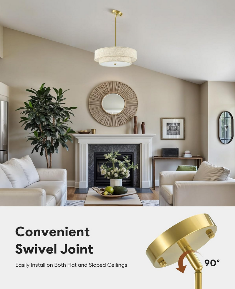 ONLUCE Modern Chandeliers, 18" Drum Chandeliers with 2-Layer Fabric Shade, 4-Light Pendant Light Fixture with E26 Bases, Light Fixture for Dining Room Bedroom Living Room, Linen Shade & Brass Finish 