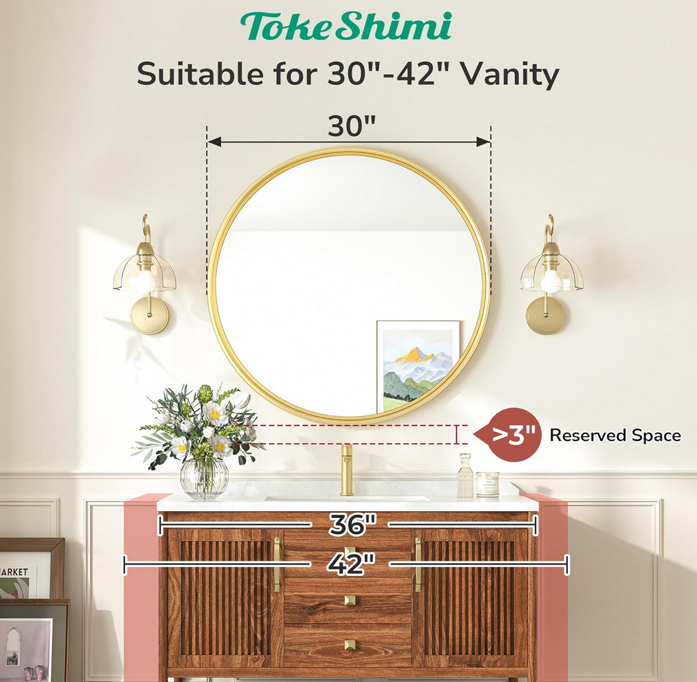 Round Framed Brushed Gold Mirror Bathroom Tempered, Shatterproof Mirror Circle 30x30 Farmhouse Aluminum Large Wall Mirrored for Vanity, Entryway, Bedroom, Restroom, Living Room 