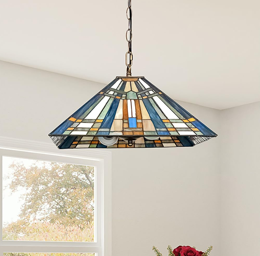 Skyblaze Tiffany Style Pendant Light Fixture, 16” Wide Stained Glass Hanging Lamp