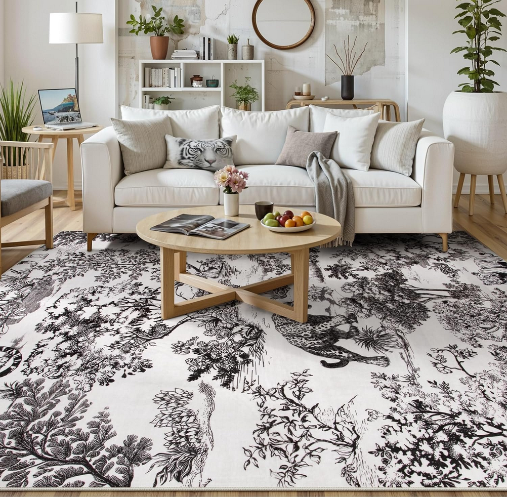 Lahome Living Room Rug 8x10, Classic Black Toile Vintage Botanical Washable Area Rug for Bedroom, Soft Large Non-Slip Unique Jungle Animal Print Carpet with Tigers and Lions for Aesthetic Decor