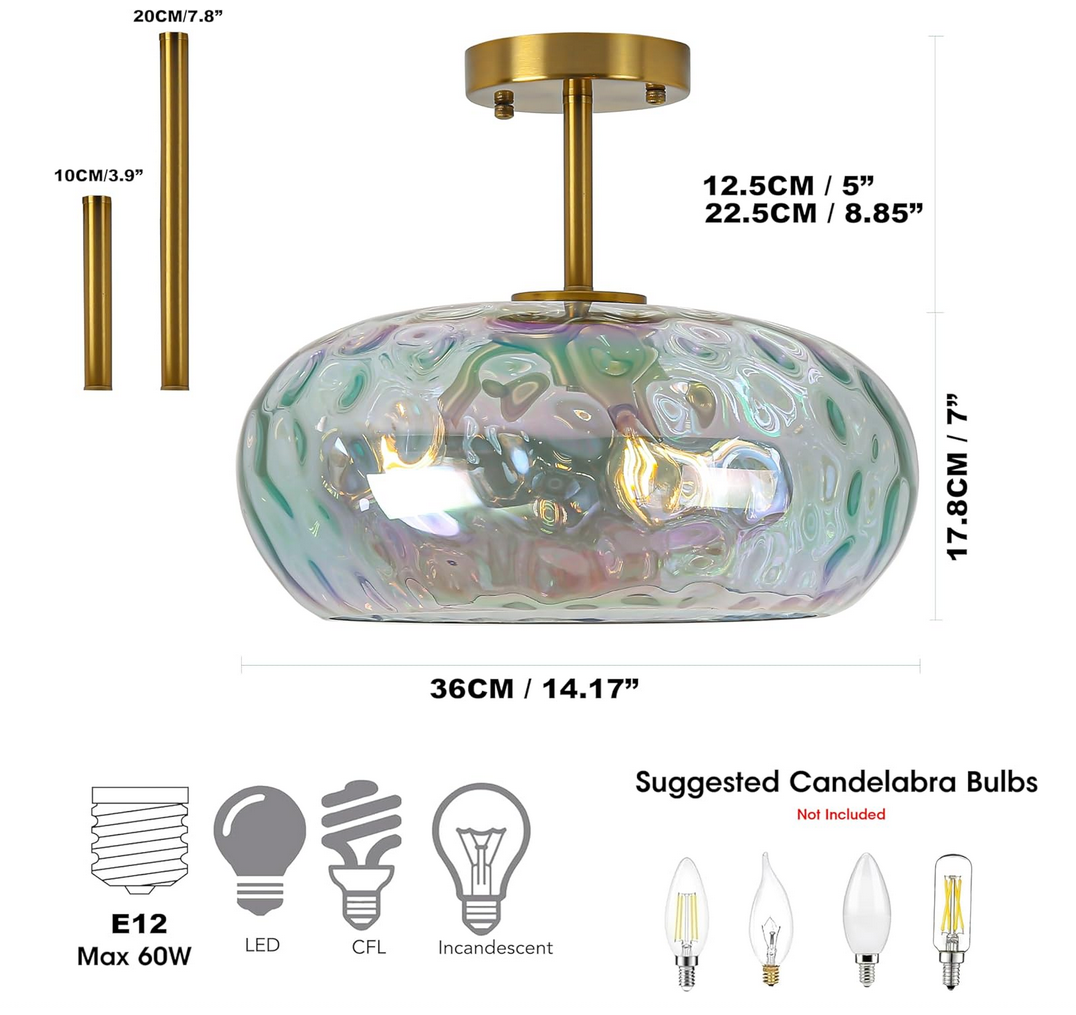 Semi Flush Mount Ceiling Light, 14" Large 3-Lights Ceiling Light Fixture with Iridescent Hammered Glass Shade, Modern Chandelier for Hallway Entryway Foyer Bedroom, Brass/Gold 
