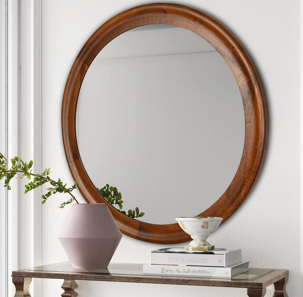 Round Wall Mirrors 36 Inch,Wood Rustic Decorative Transitional Mirror with Walnut Frame for Wall,Farmhouse Hanging Vanity Mirror for Bathroom Bedroom Living Room or Entryway（Walnut Brow)