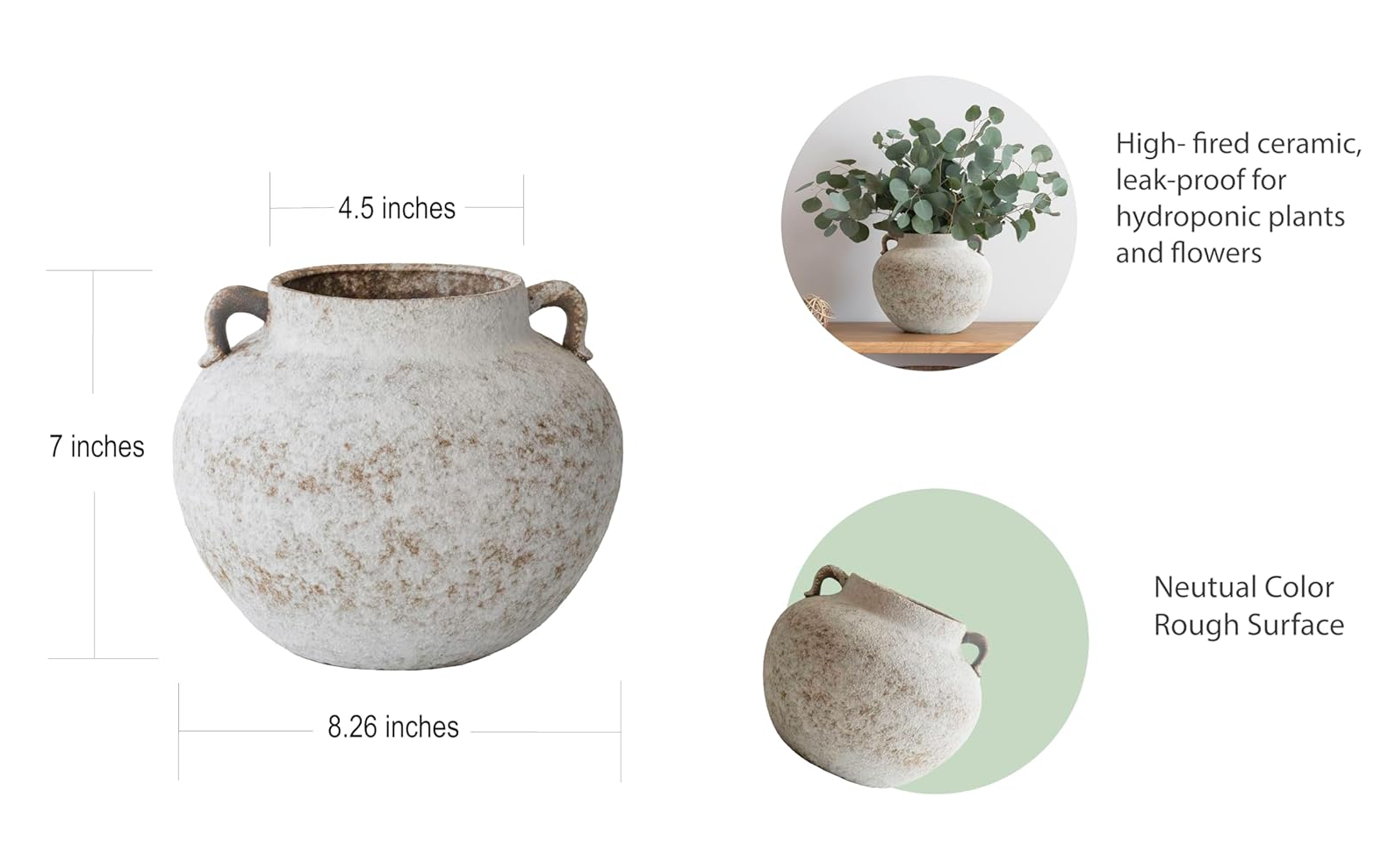 Rustic Farmhouse Textured Ceramic Vase with Two Handles, Distressed White Pottery Flower Vase for Centerpiece, Decorative Vases for Living Room, Kitchen, Table Top Decor, Gift & Weddings 