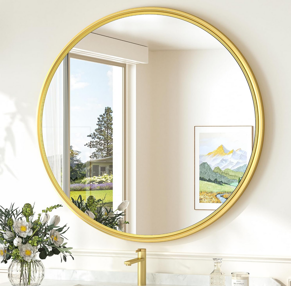 Round Framed Brushed Gold Mirror Bathroom Tempered, Shatterproof Mirror Circle 30x30 Farmhouse Aluminum Large Wall Mirrored for Vanity, Entryway, Bedroom, Restroom, Living Room 