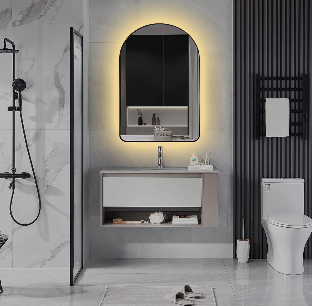 Niccy Arched LED Lighted Bathroom Mirror, 36x24 Inch Backlit Vanity Mirror with Lights Brushed Black Framed Wall Mounted Mirrors with Dimmable 3 Color Shatterproof Arch Smart Fog Free Mirror 