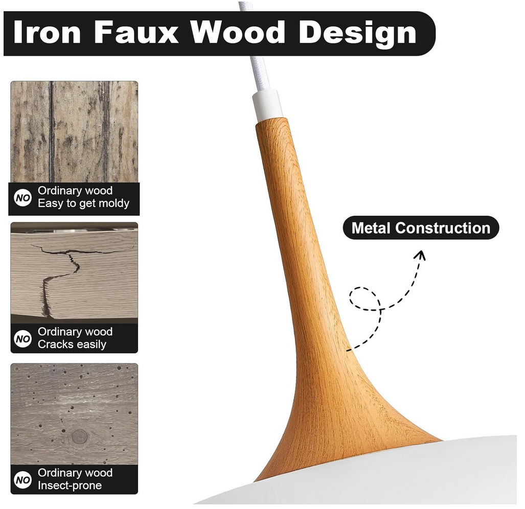 Oversize Black Pendant Lights Kitchen Island,Modern Pendant Light Fixtures,Farmhouse Adjustable Hanging Pendant Lighting Foyer Entryway Hallway Bedroom Dining Room Living Room,Faux-Wood,Large 15.75 in 