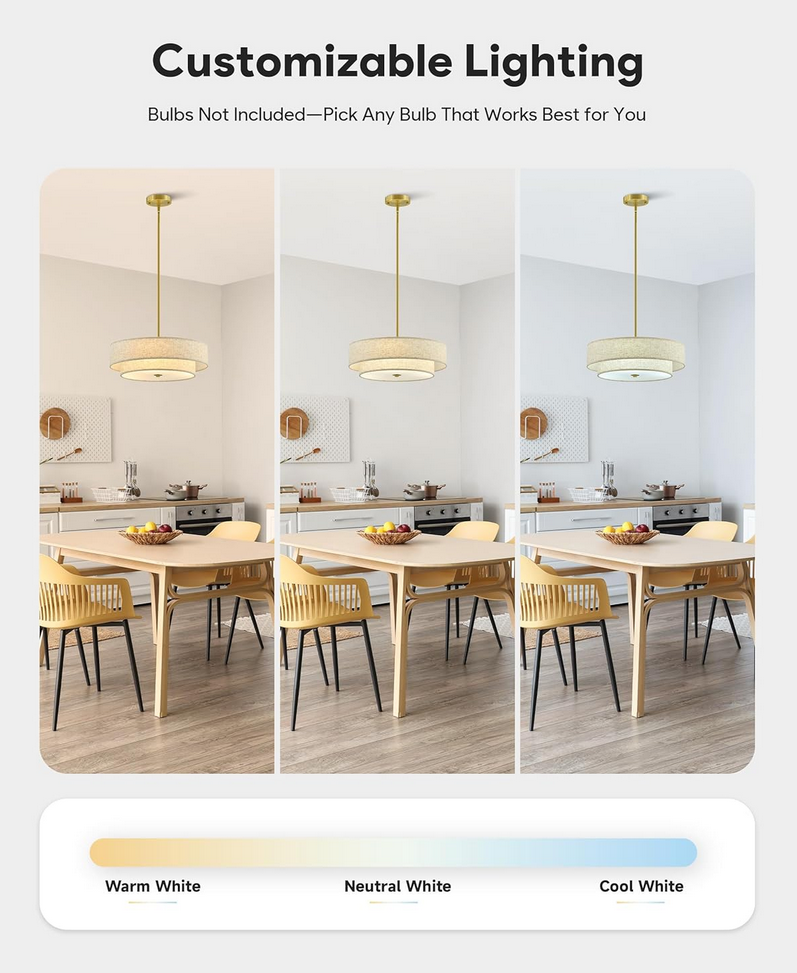 ONLUCE Modern Chandeliers, 18" Drum Chandeliers with 2-Layer Fabric Shade, 4-Light Pendant Light Fixture with E26 Bases, Light Fixture for Dining Room Bedroom Living Room, Linen Shade & Brass Finish 