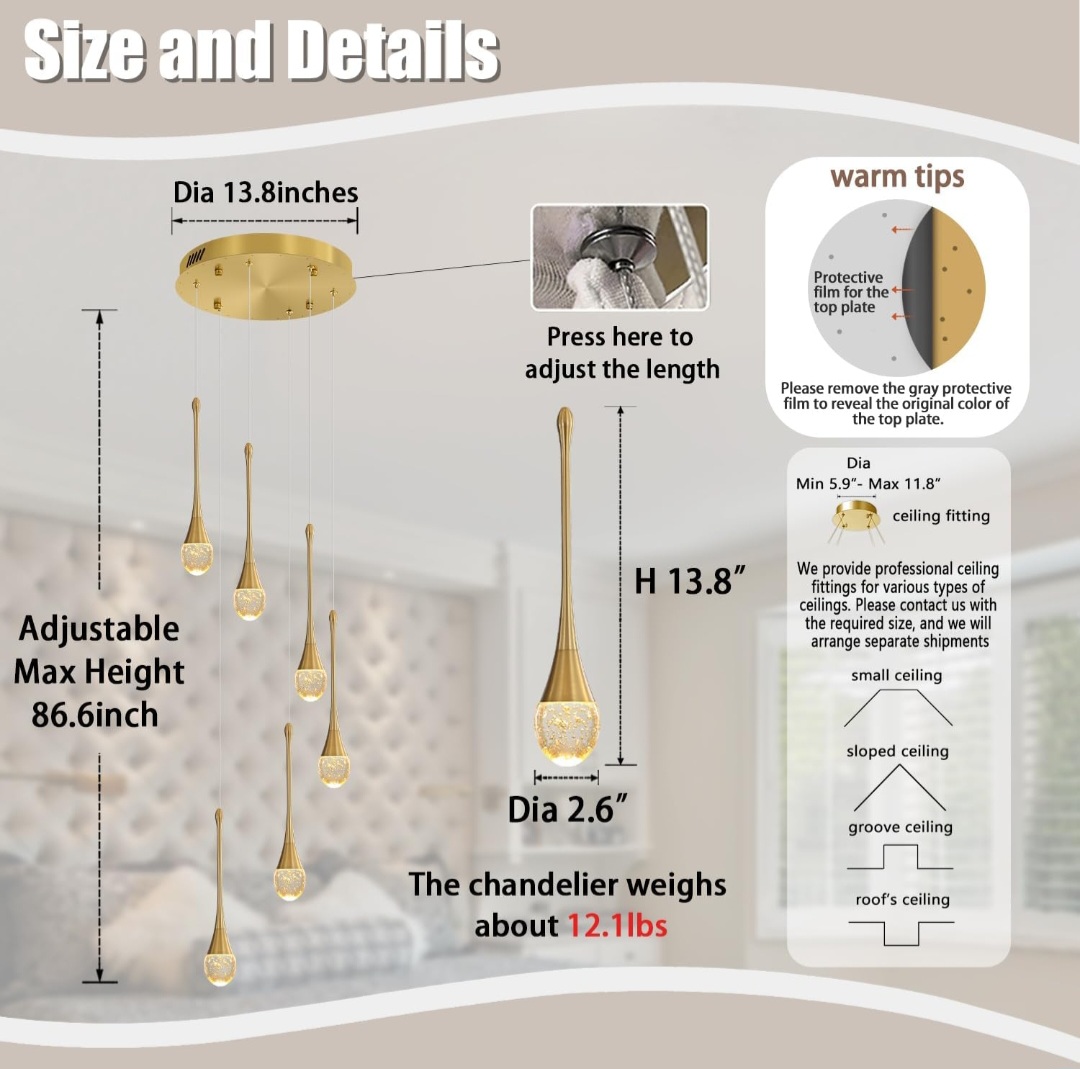 H86 Pendant Lights Kitchen Island 6-Lights Pendant Chandelier for Dining Room Hallway Stairwell,LED Dimmable 2700K-6000K 