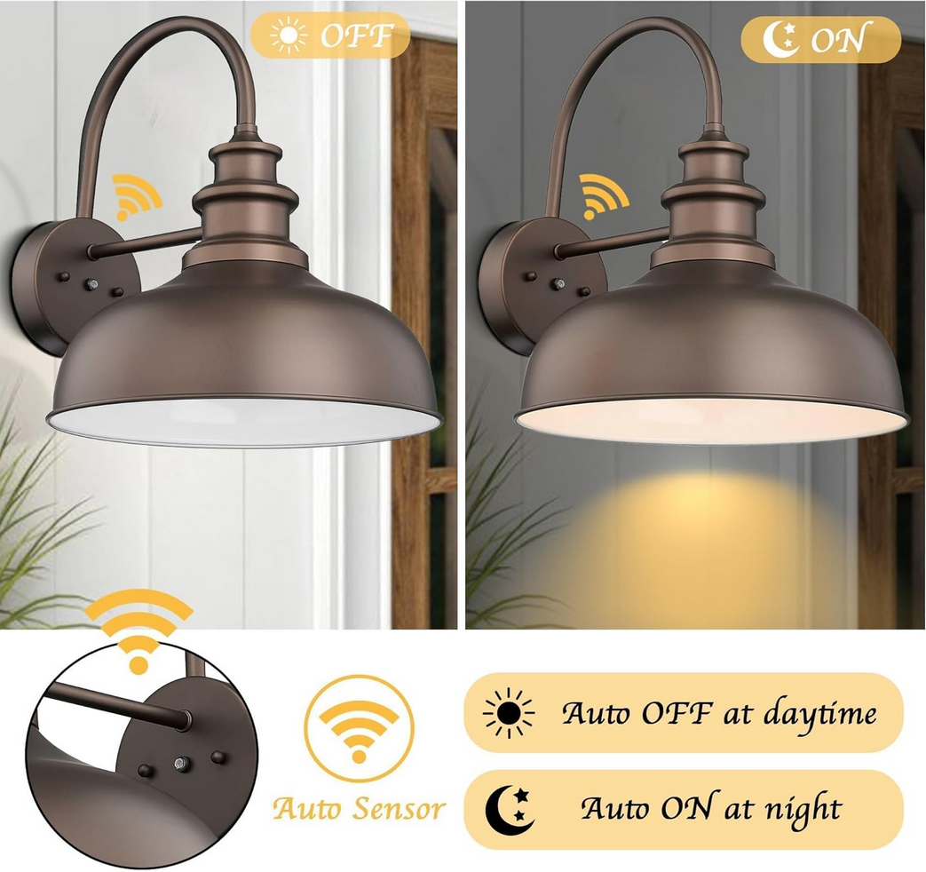 Bestshared 14 Inch Dome Dusk to Dawn Sensor Outdoor Barn Lights Farmhouse Outdoor Wall Sconce Industrial Porch Wall Lights Exterior Lighting Fixture for Front Door, Entryway (ORB+White, 14"-1Pack) 