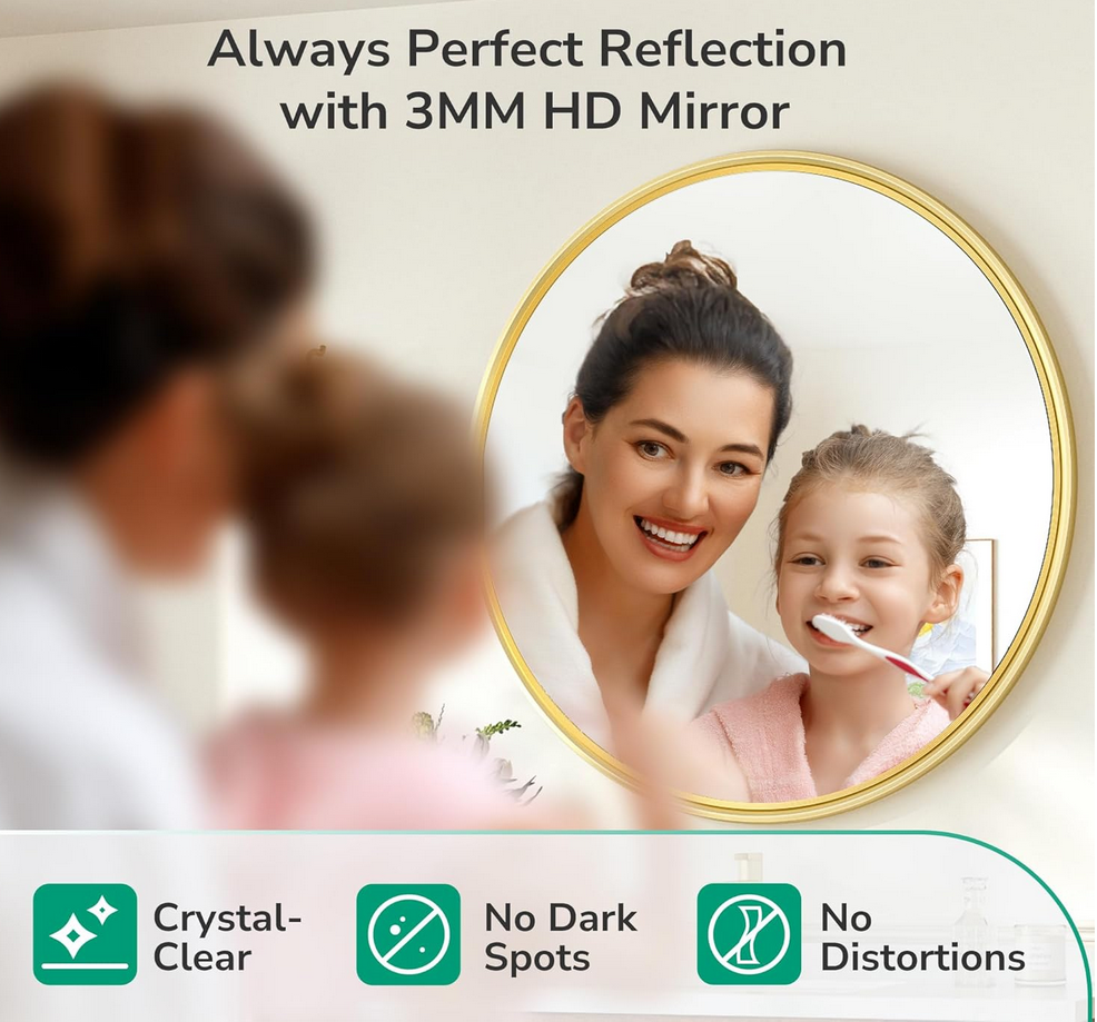 Round Framed Brushed Gold Mirror Bathroom Tempered, Shatterproof Mirror Circle 30x30 Farmhouse Aluminum Large Wall Mirrored for Vanity, Entryway, Bedroom, Restroom, Living Room 